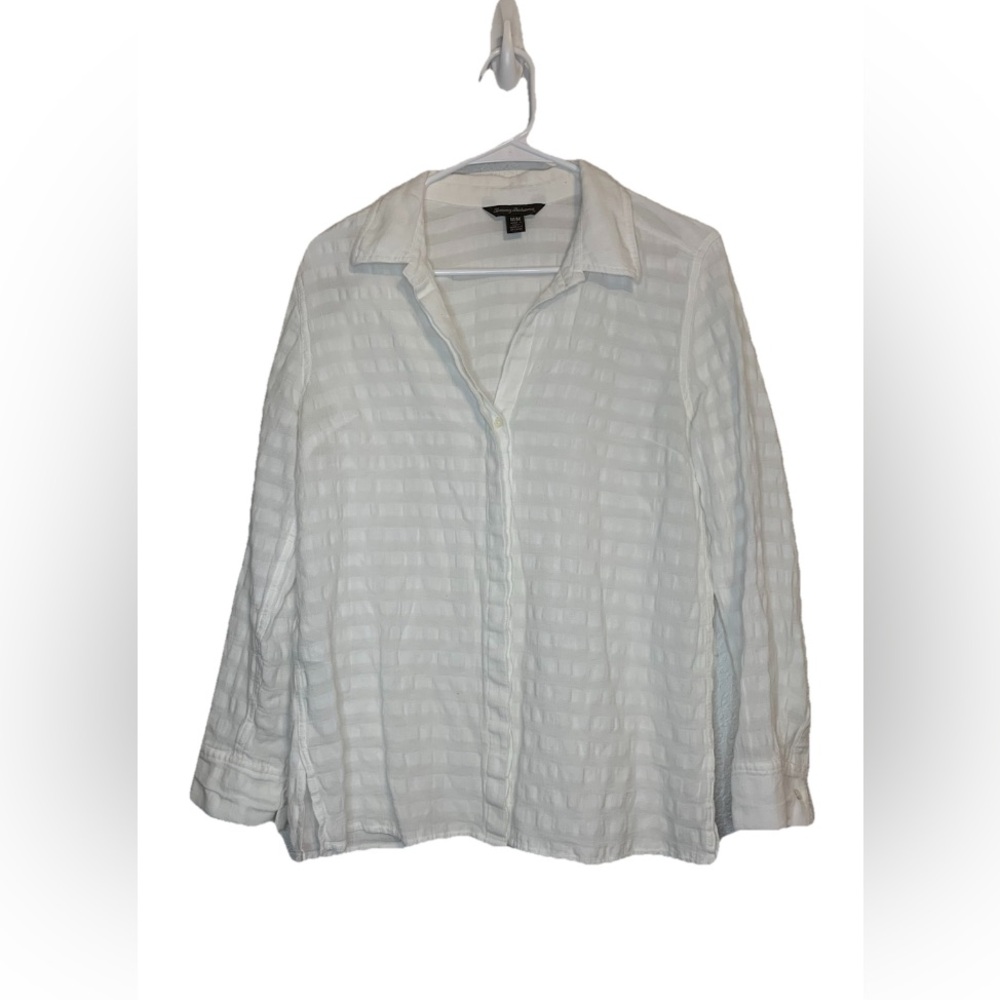 Tommy Bahama Women's Med White Subtle Stripe Cotton Button Collar Long Sleeve